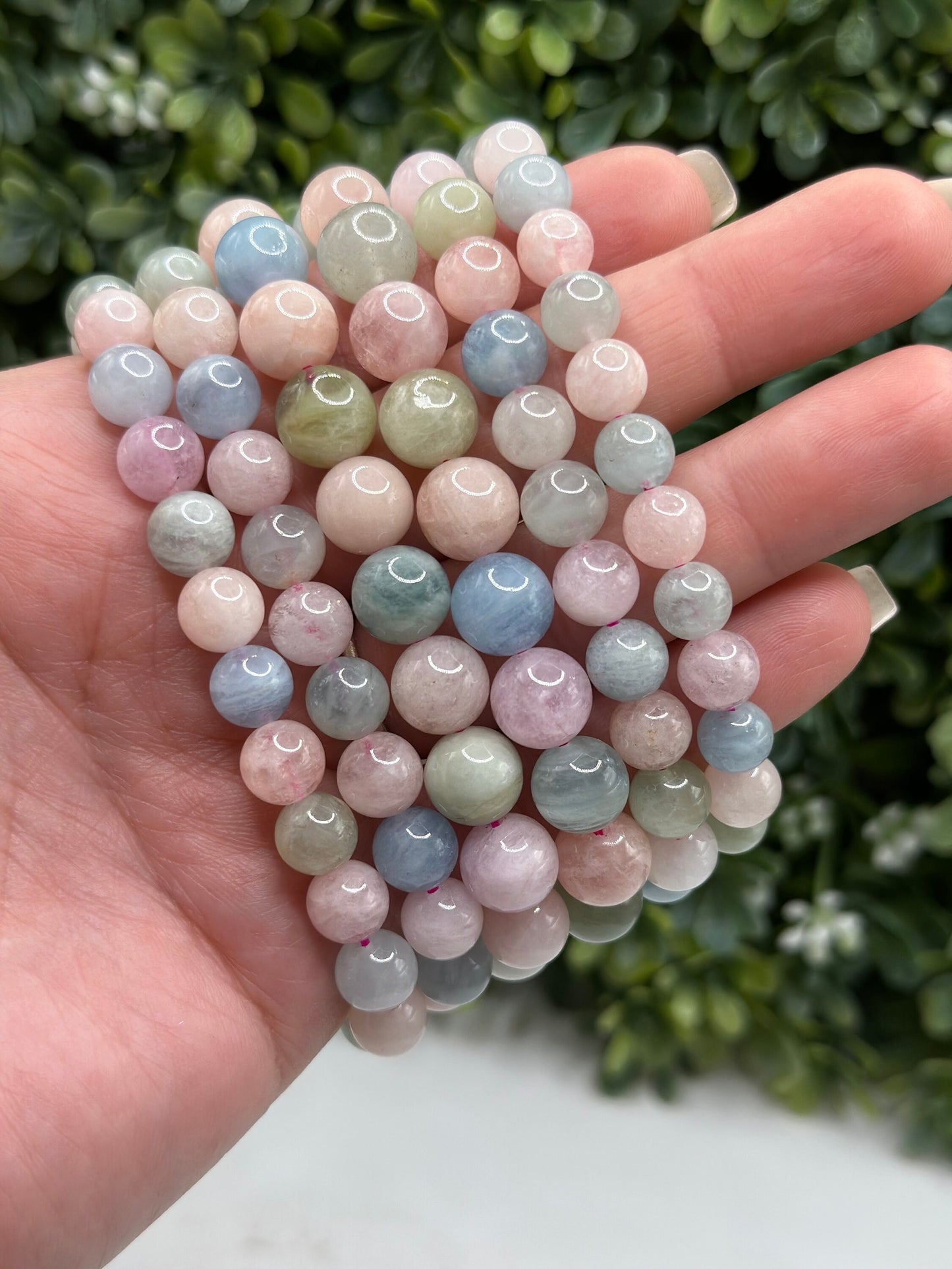 Morganite, Aquamarine, and Heliodor 8mm crystal beaded Bracelet