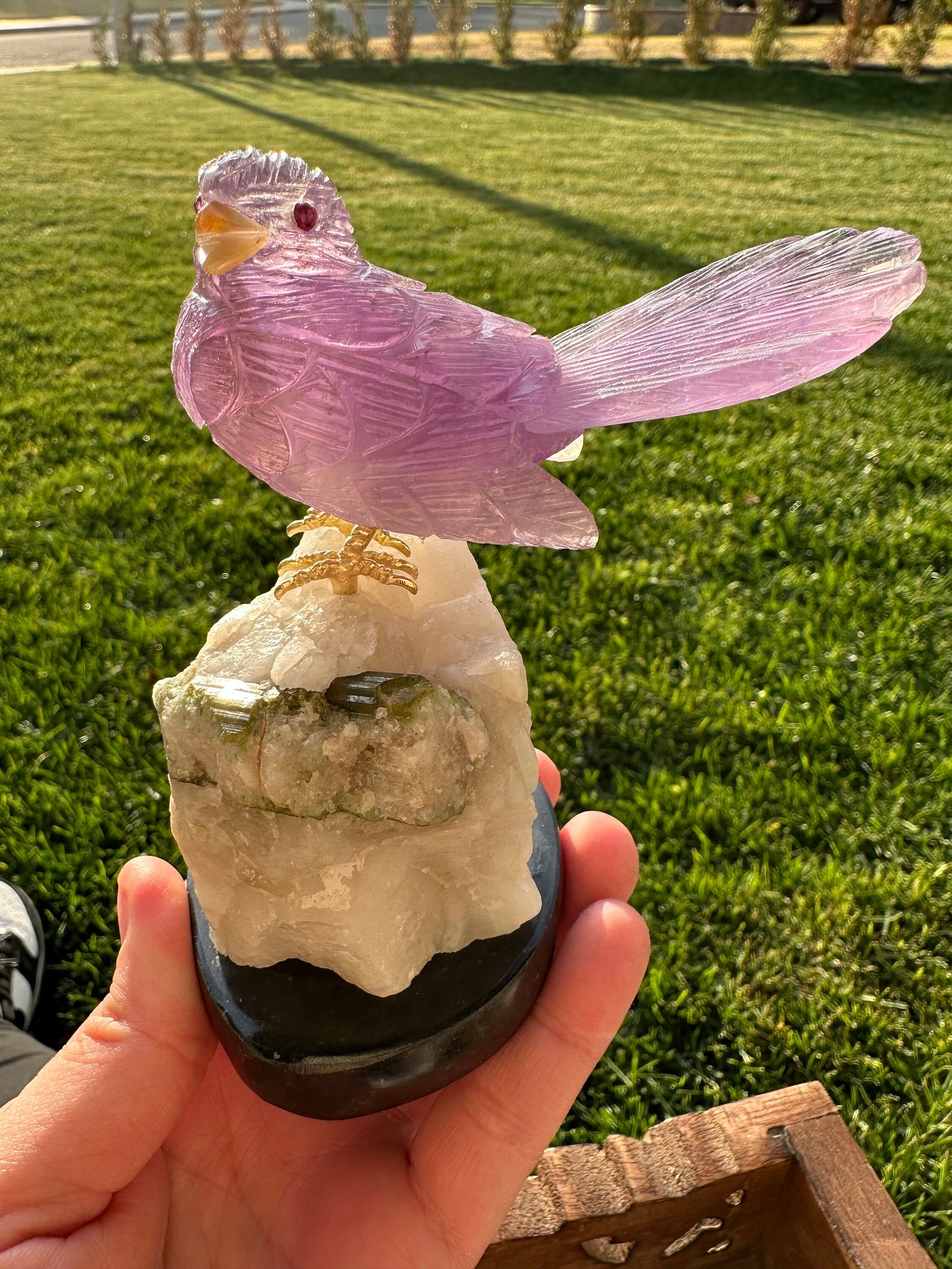 Hand-Carved Amethyst Bird on Quartz with Green Tourmaline – Spiritual Crystal Art