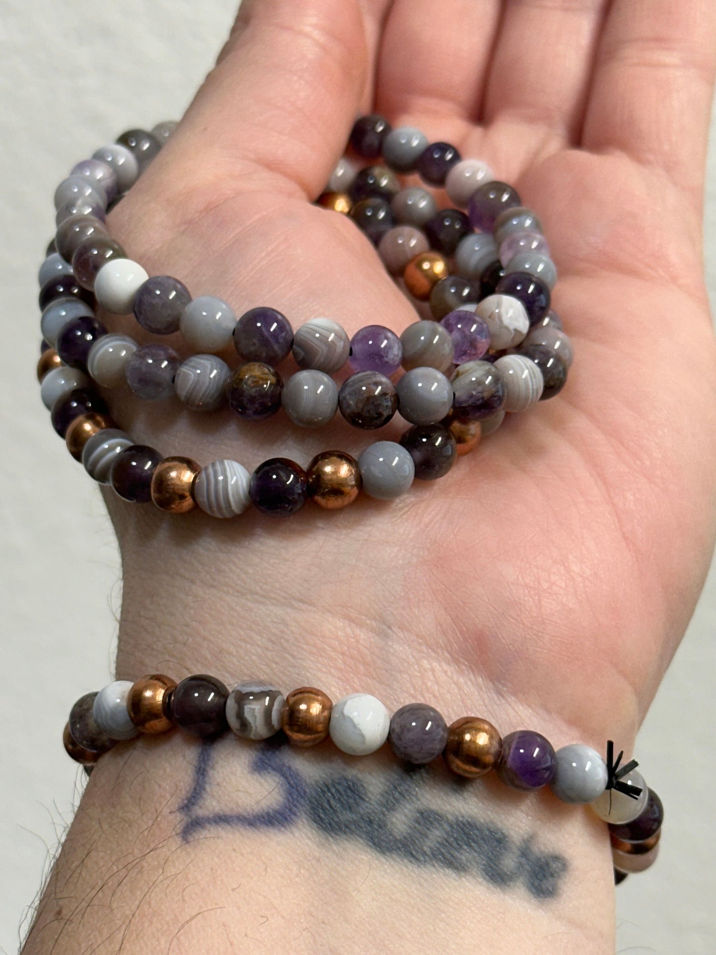 Botswana Agate and Amethyst Crystal bracelet 6.4mm bead