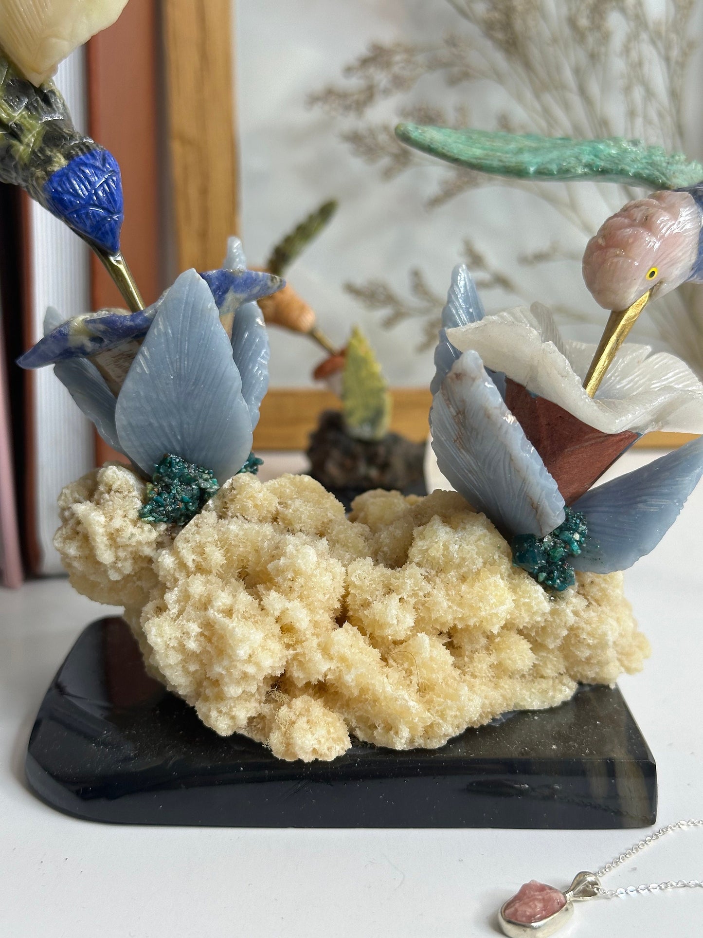 Humming bird Crystal statues on a natural crystal base double stand hand carved home decor office decor