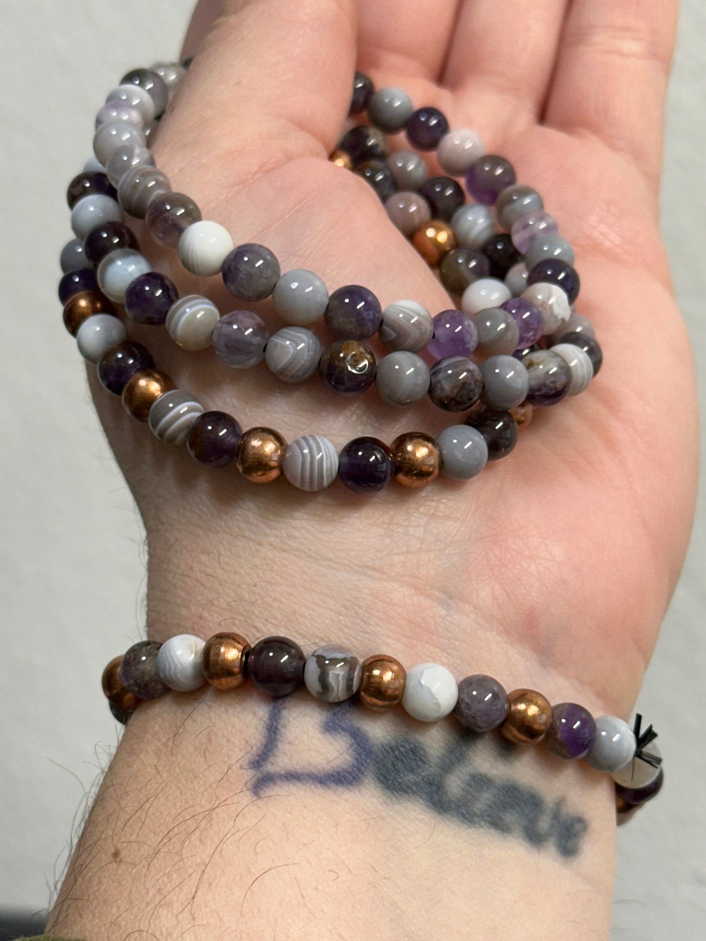 Botswana Agate and Amethyst Crystal bracelet 6.4mm bead