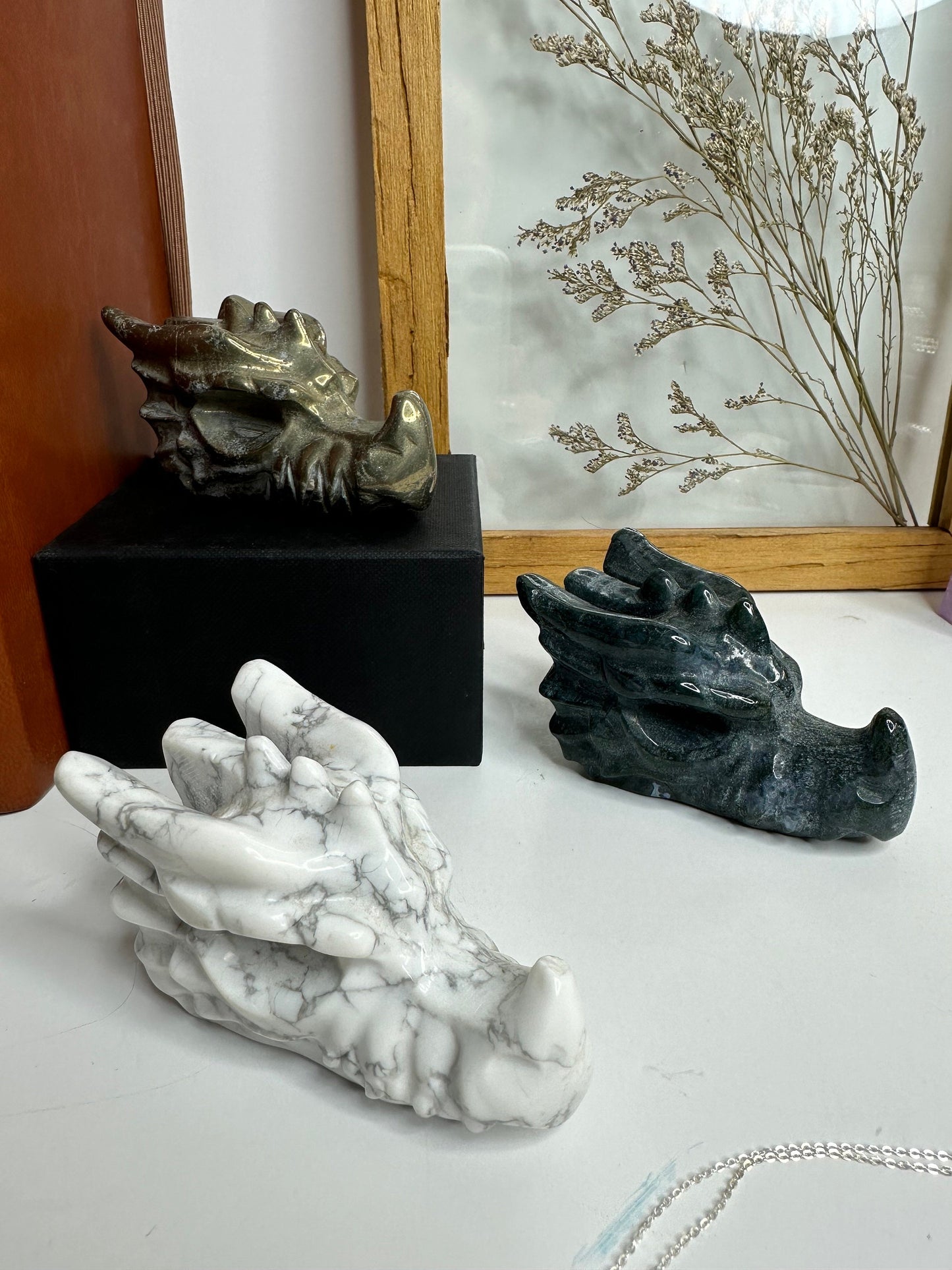 Crystal Dragon Head carvings Moss agate, Pyrite, Howlite Home decor office decor gift ideas