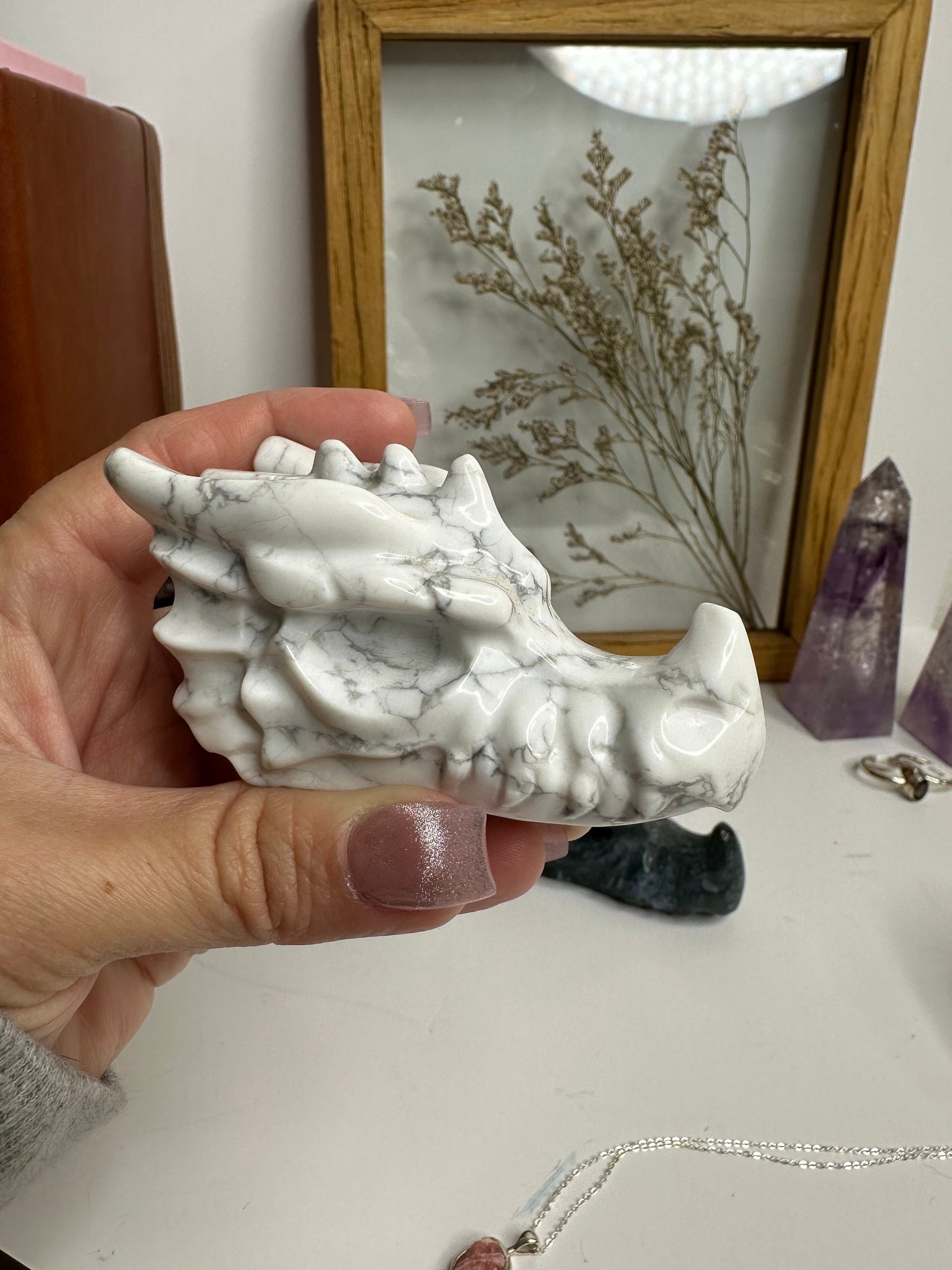 Crystal Dragon Head carvings Moss agate, Pyrite, Howlite Home decor office decor gift ideas