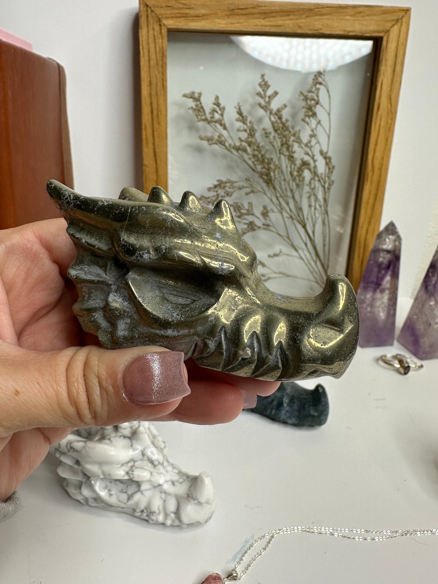 Crystal Dragon Head carvings Moss agate, Pyrite, Howlite Home decor office decor gift ideas