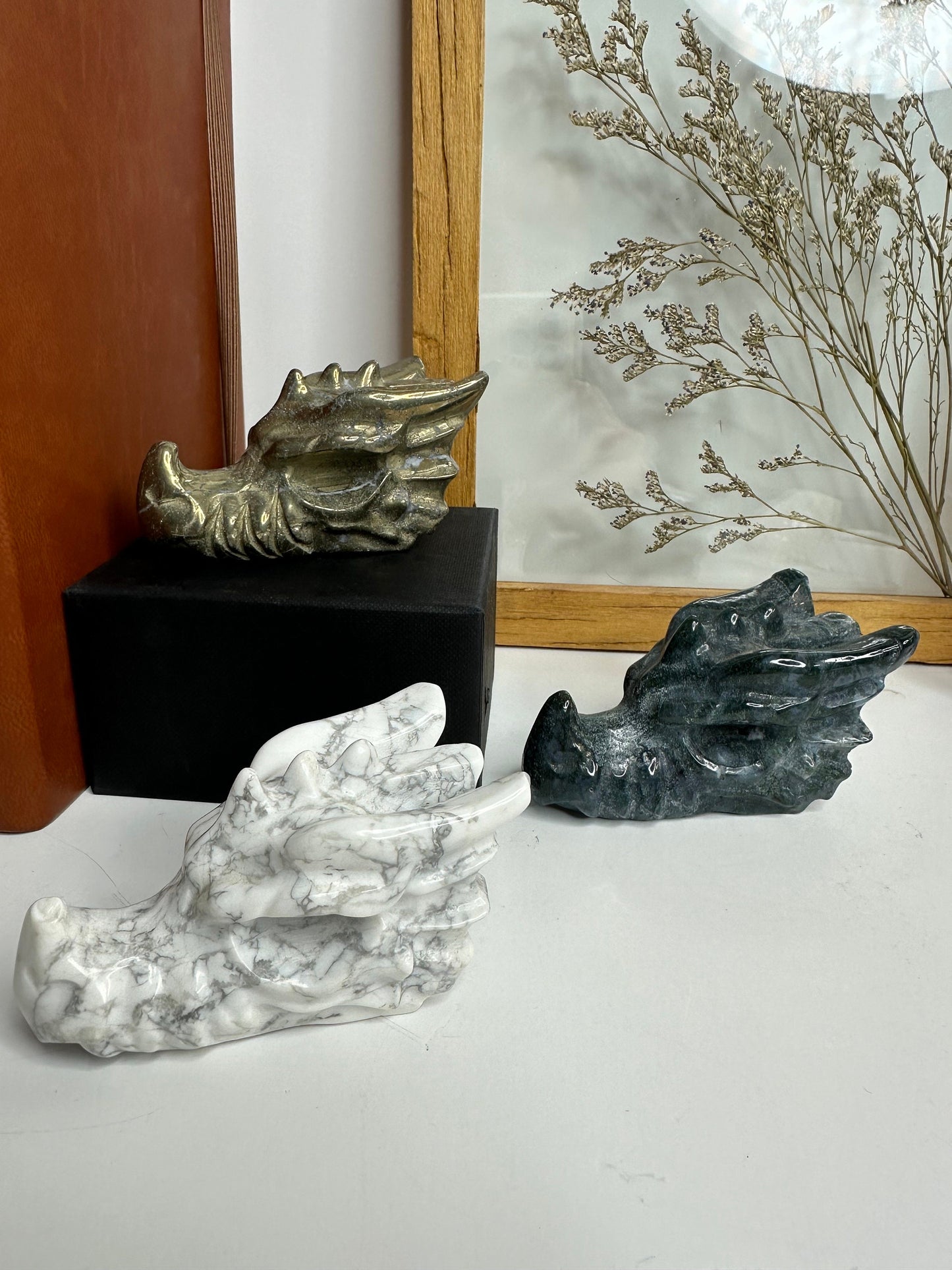 Crystal Dragon Head carvings Moss agate, Pyrite, Howlite Home decor office decor gift ideas