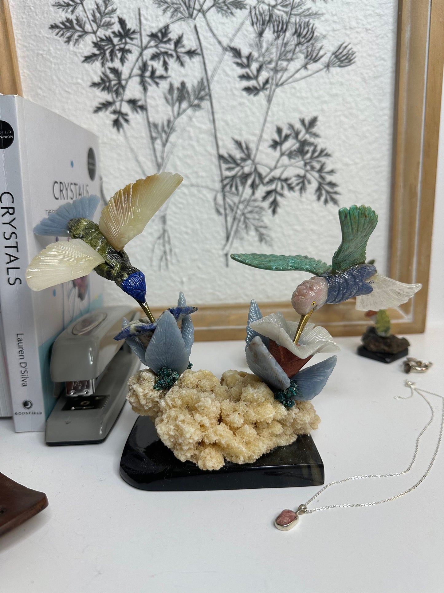 Humming bird Crystal statues on a natural crystal base double stand hand carved home decor office decor