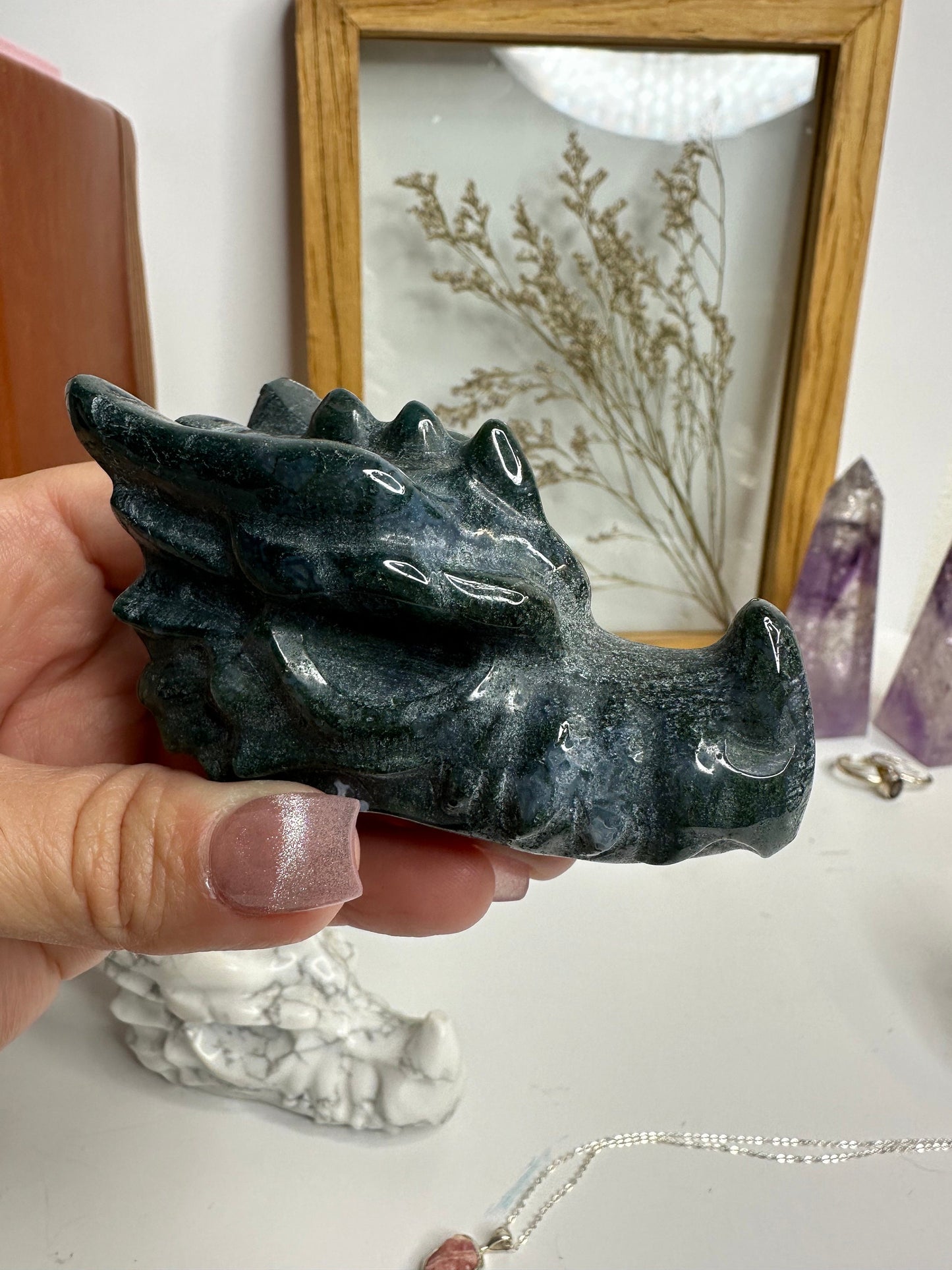Crystal Dragon Head carvings Moss agate, Pyrite, Howlite Home decor office decor gift ideas
