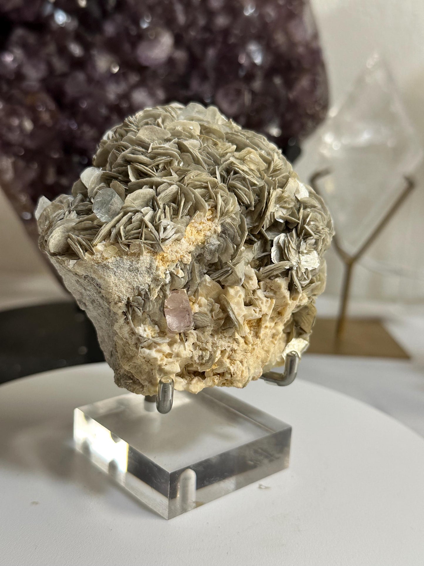 Collector’s Crystal – Aquamarine & Pink Morganite on Mica, 410g from Skardu Pakistan