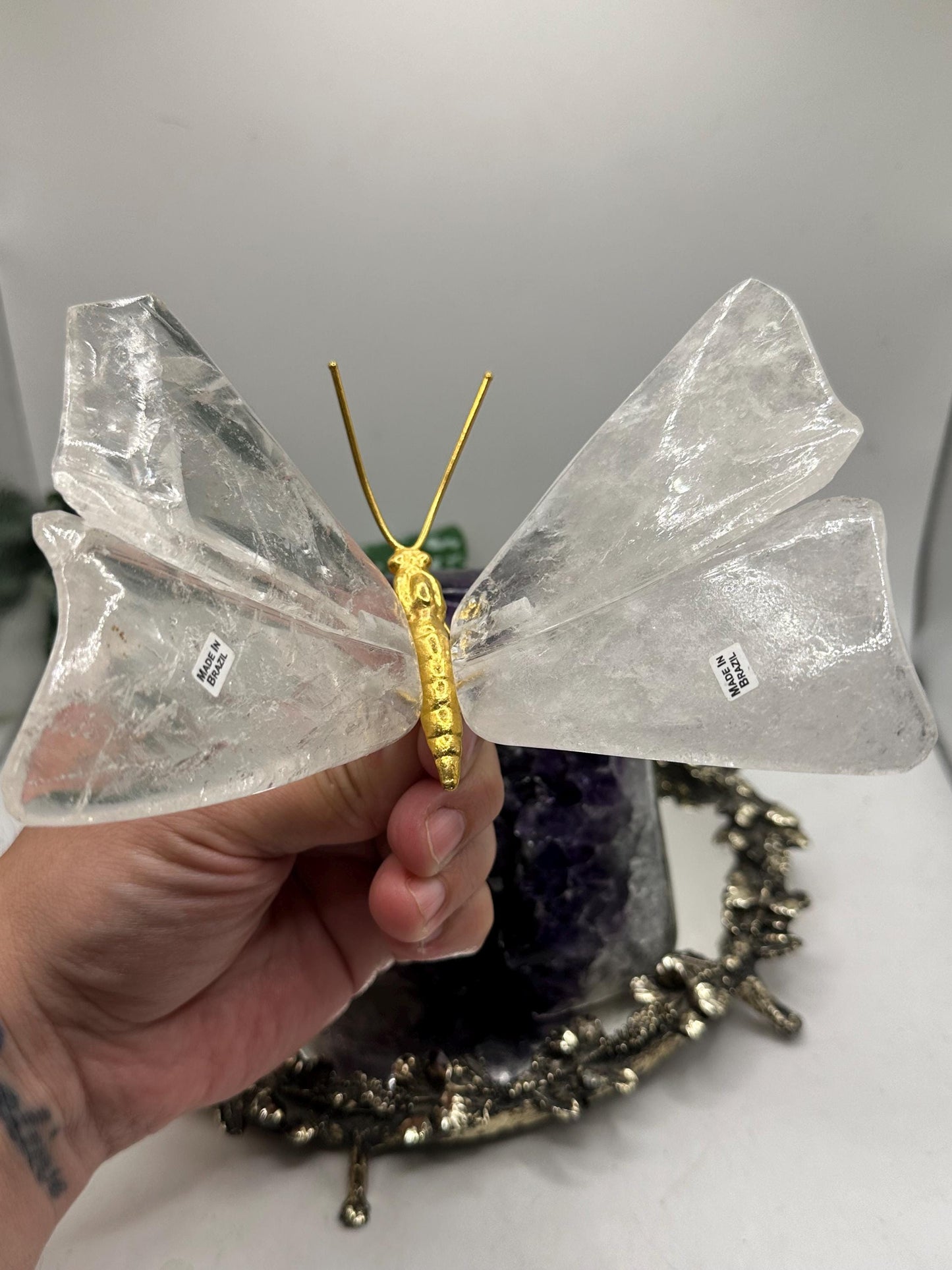 Brazilian Amethyst Geode & Clear Quartz Butterfly – Unique Crystal Decor