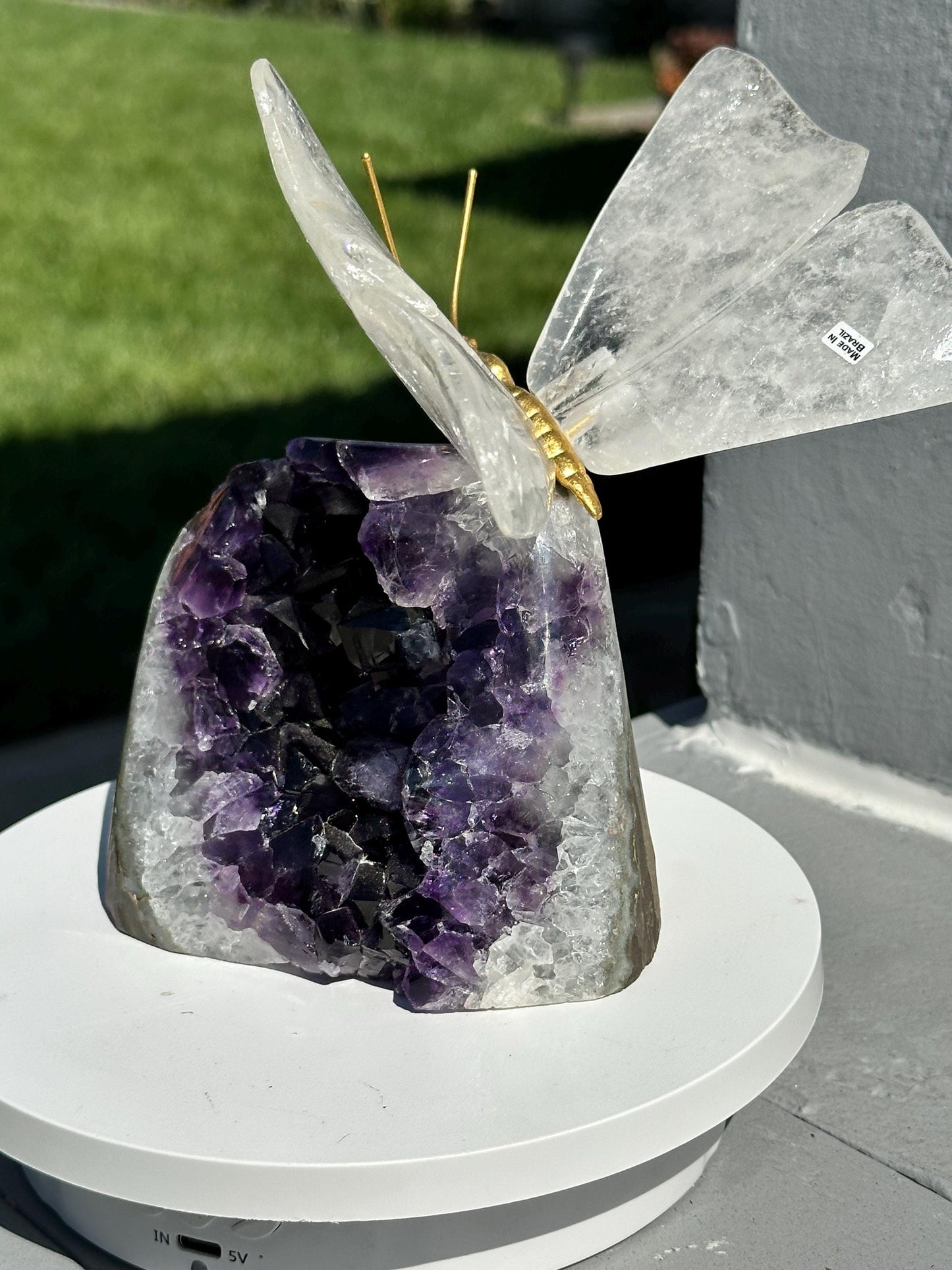 Brazilian Amethyst Geode & Clear Quartz Butterfly – Unique Crystal Decor
