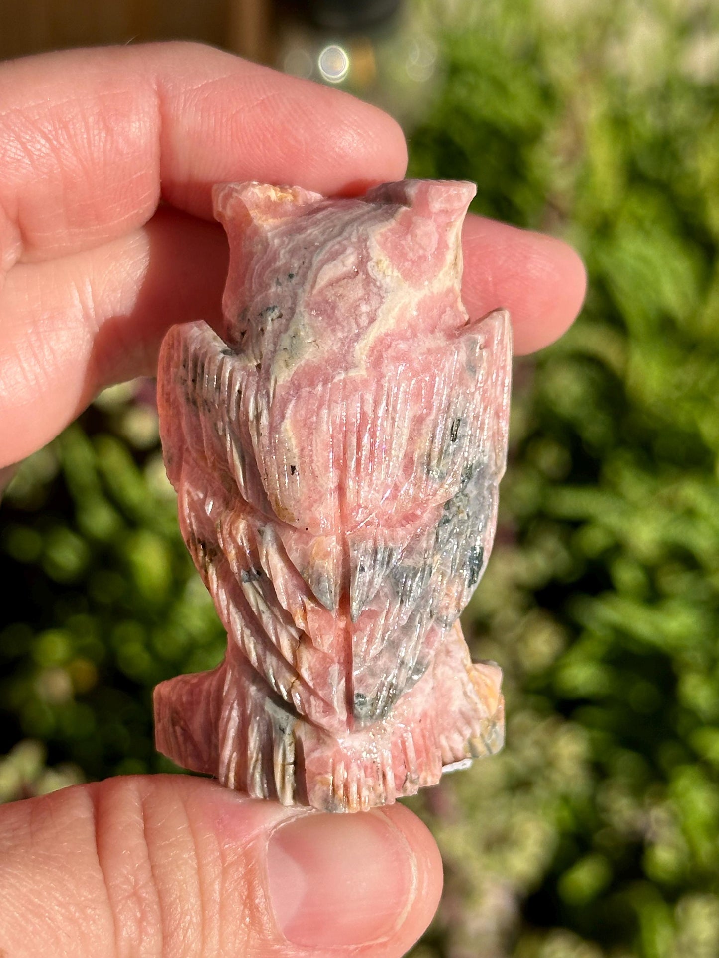 Rhodochrosite Owl Crystal Statue, Argentina, home decor, natural stone