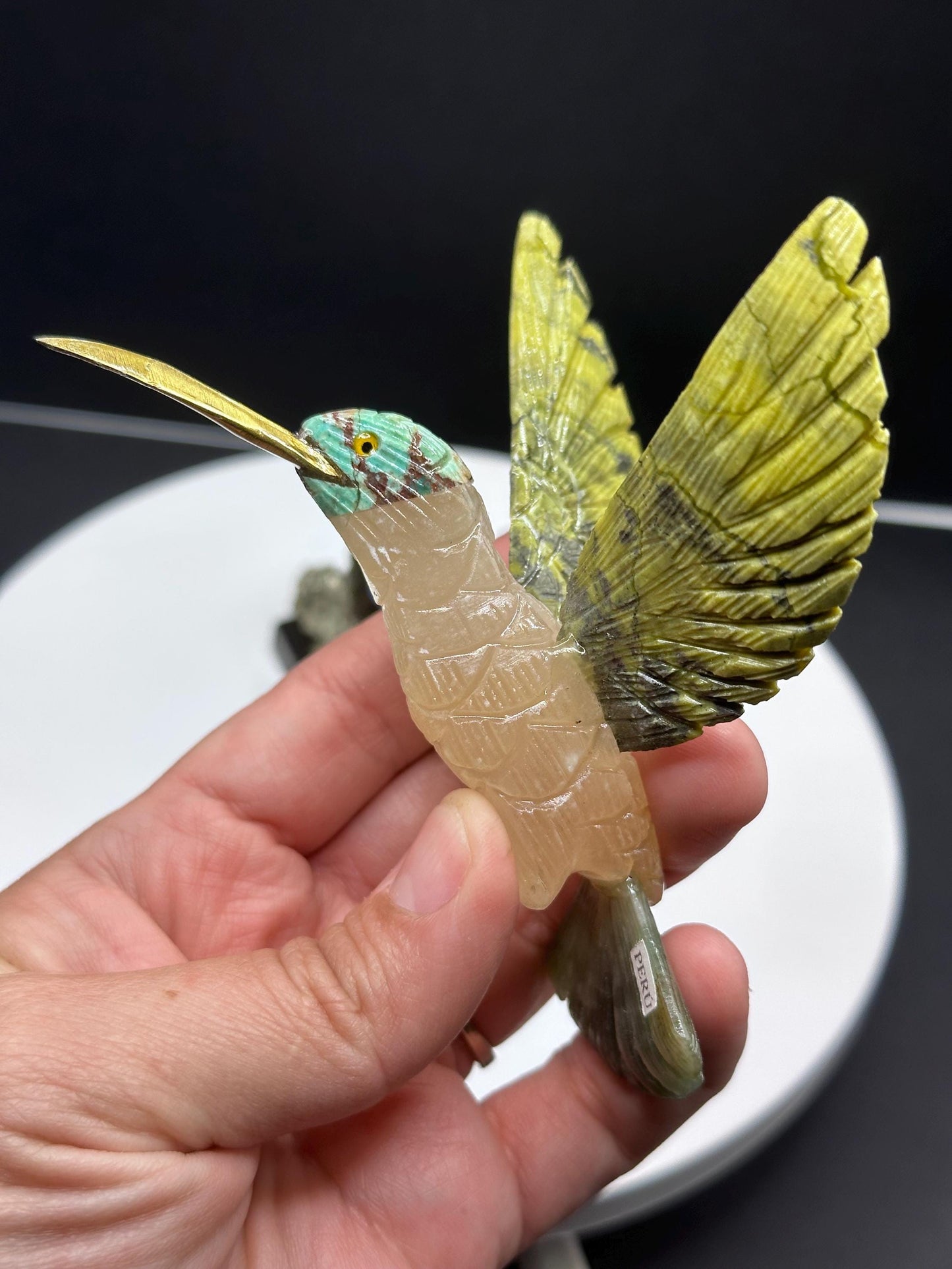 Mixed Crystal Mineral Hummingbird Statue/ hand carved/ home decor/ Peru