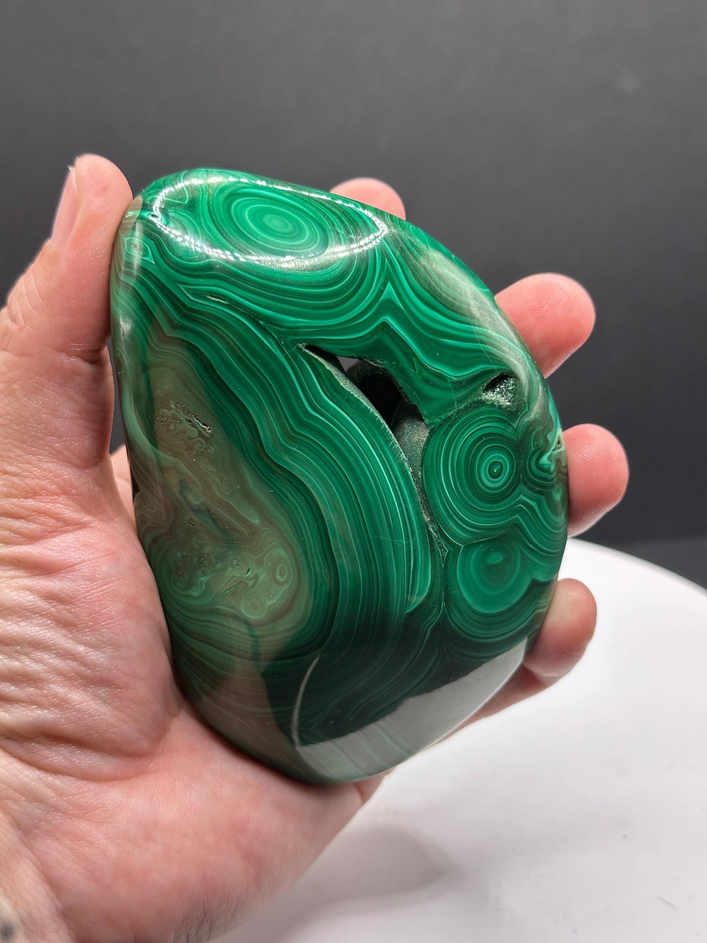Malachite polished stone with drusy portal