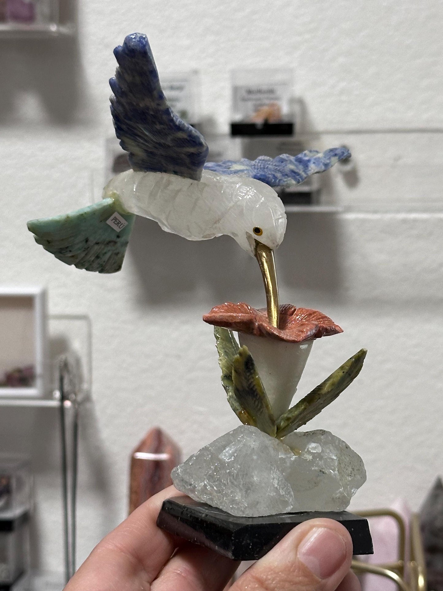 Mixed Mineral Crystal Hummingbird statue/ hand carved/ natural stone/ Peruvian mineral