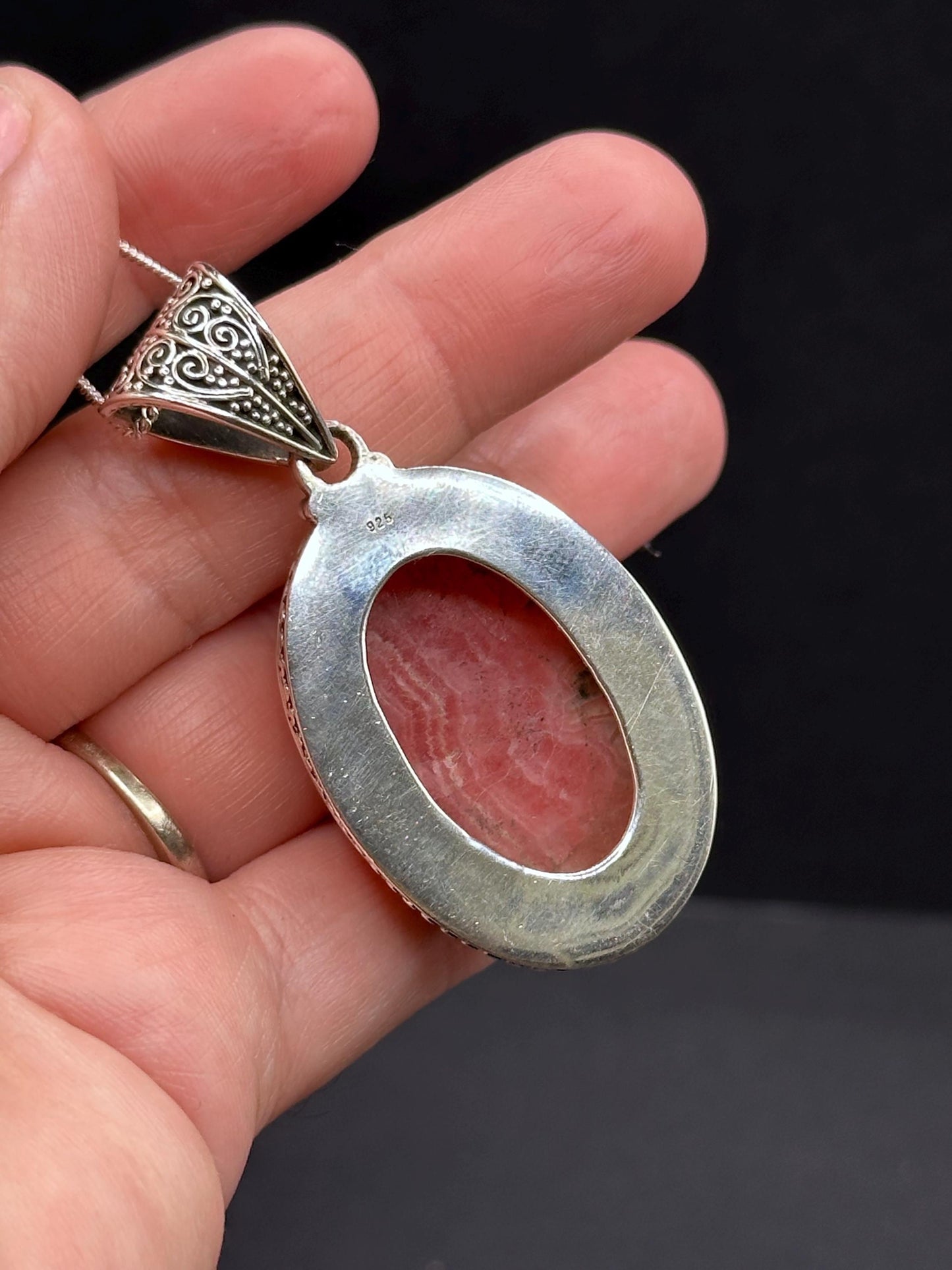 Rhodochrosite Crystal Pendant with 16in 925 silver chain