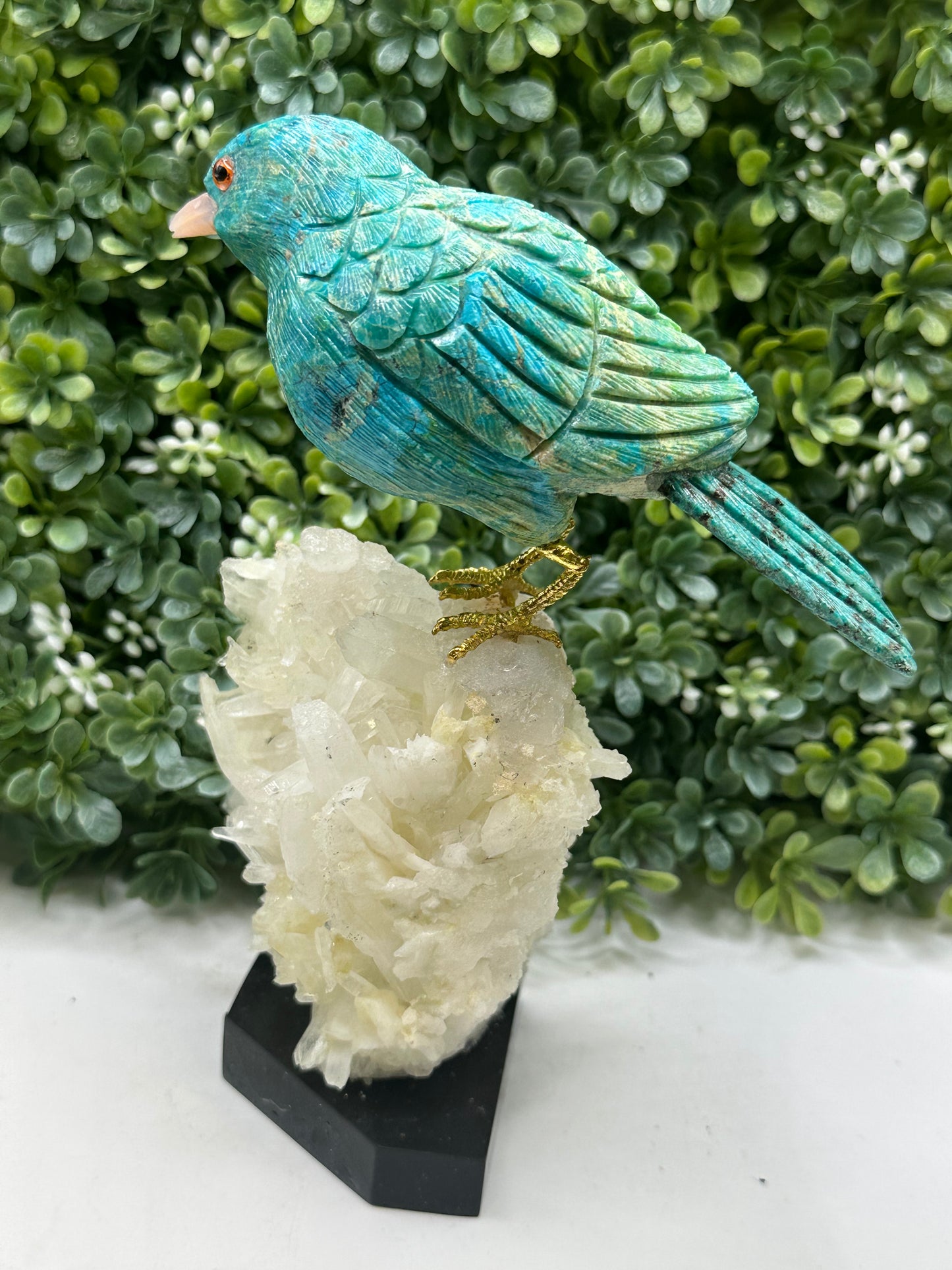 Chrysocolla Hand Carved Crystal Bird on Quartz Base, Home Decor
