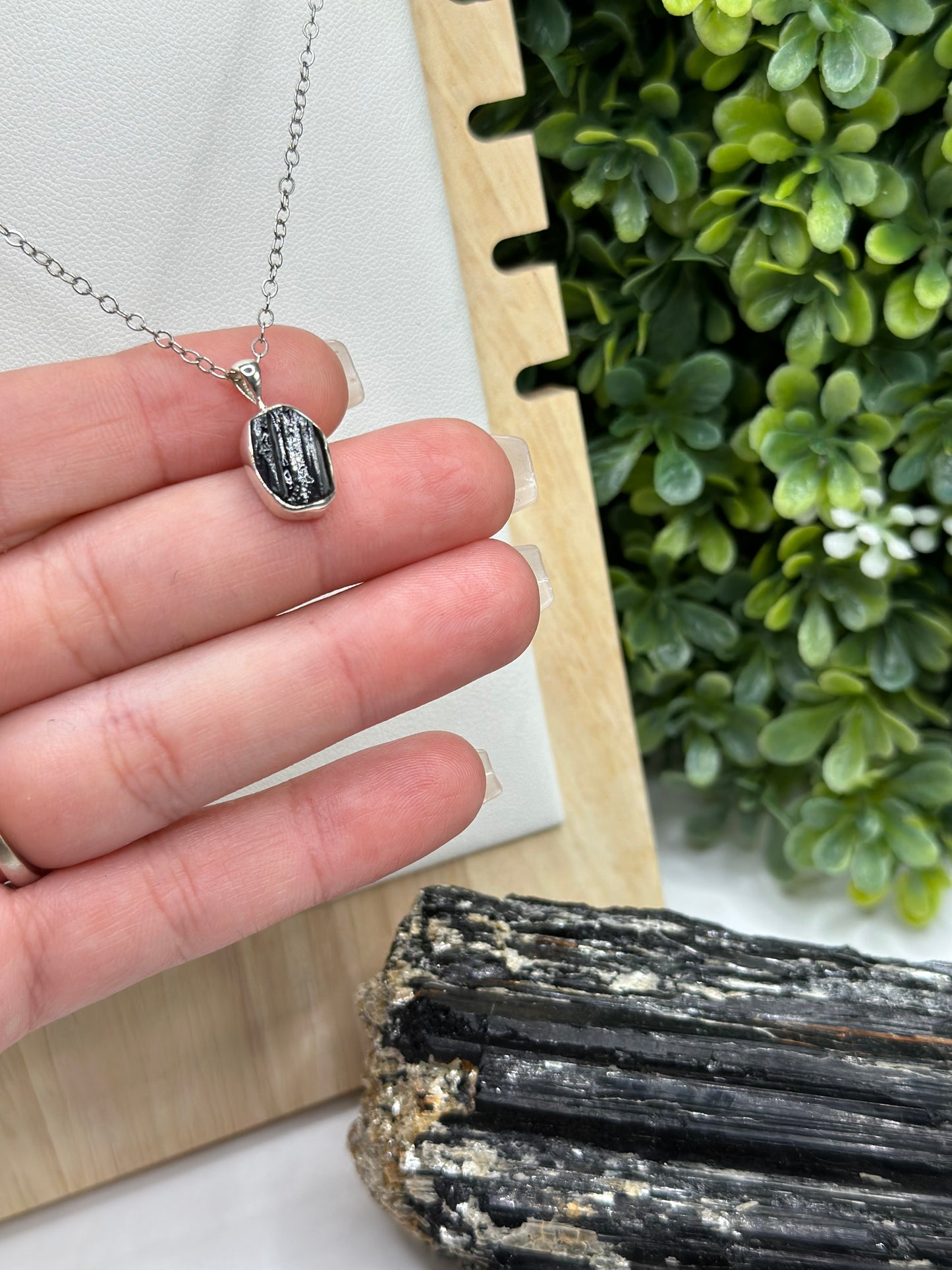 Black Tourmaline Crystal pendant with S925 necklace chain