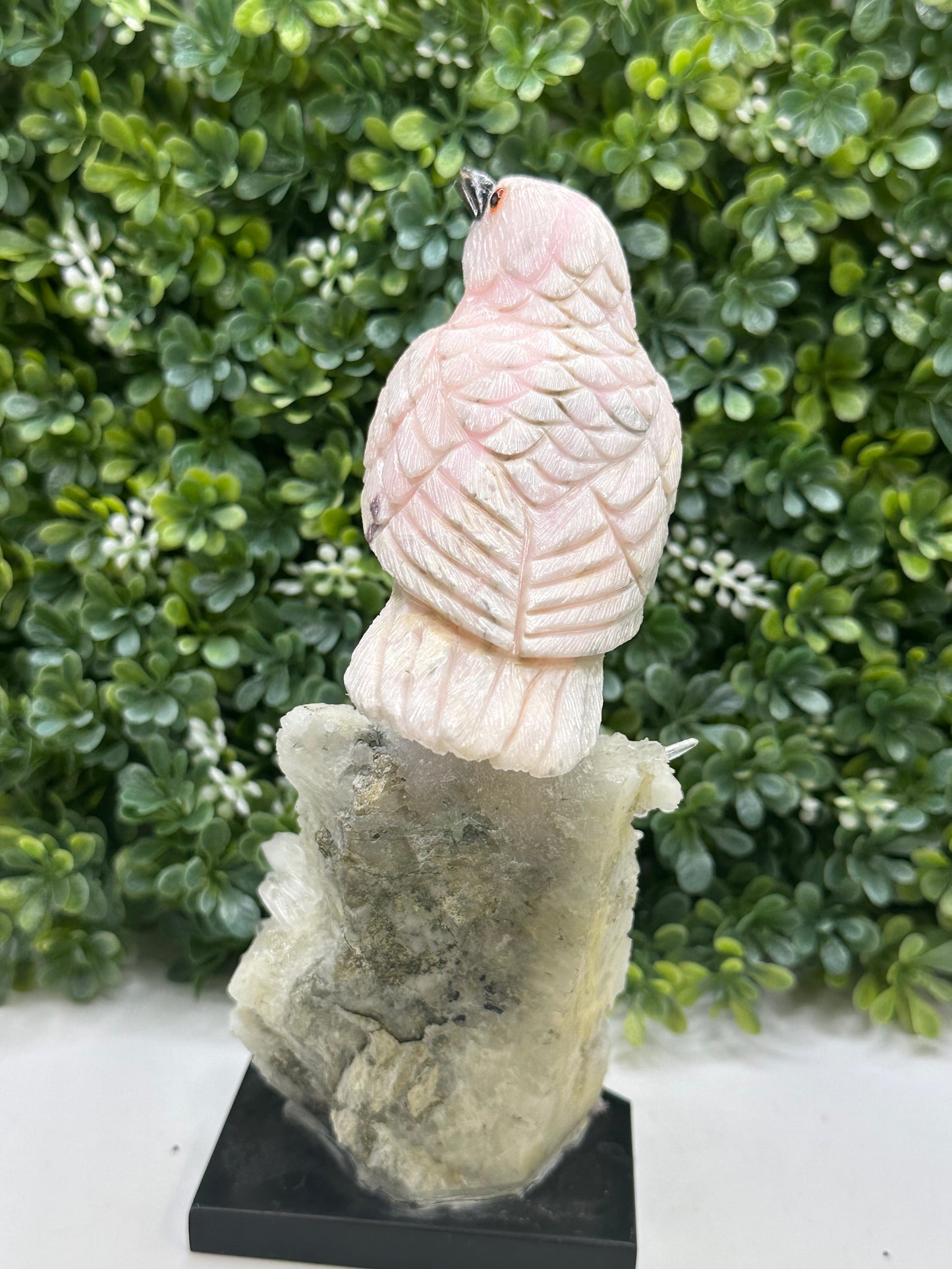Pink Mangano Calcite Crystal Bird Hand Carved on a Quartz Base, Home Decor