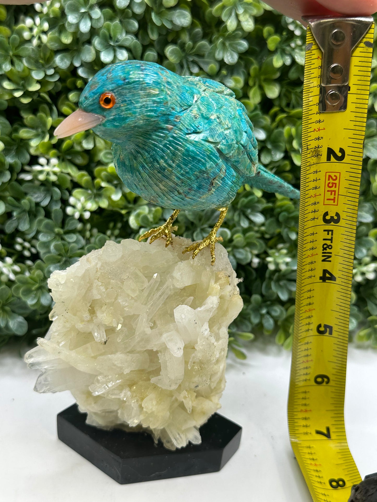 Chrysocolla Hand Carved Crystal Bird on Quartz Base, Home Decor