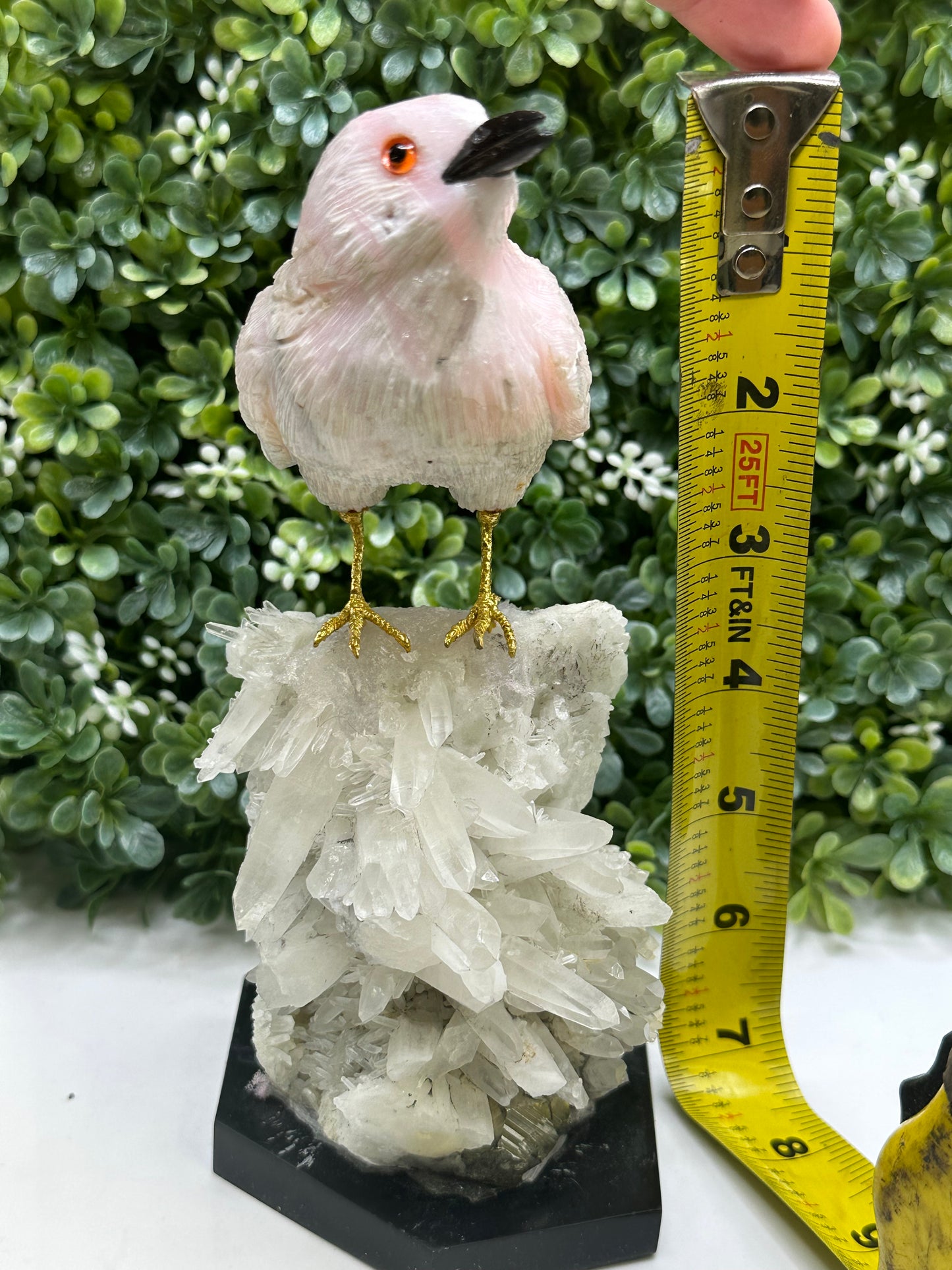 Pink Mangano Calcite Crystal Bird Hand Carved on a Quartz Base, Home Decor