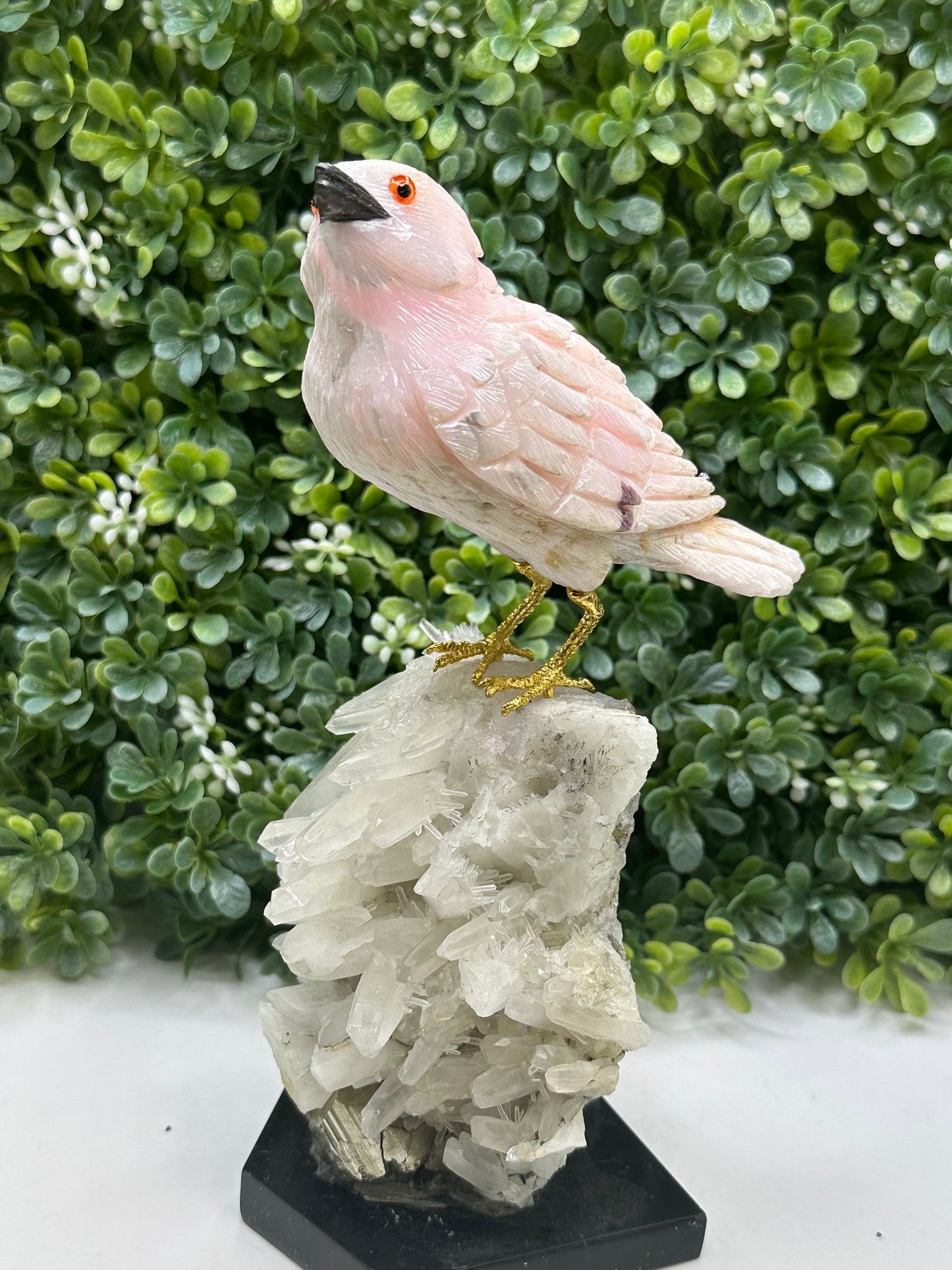 Pink Mangano Calcite Crystal Bird Hand Carved on a Quartz Base, Home Decor