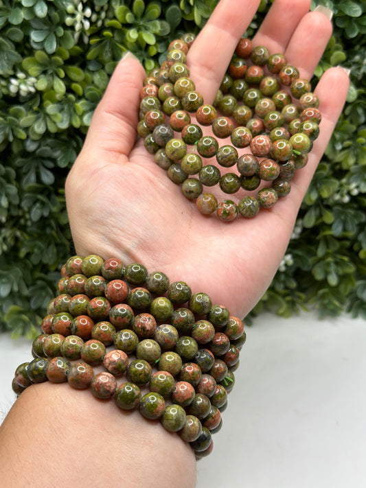 Unakite 8mm crystal  beaded bracelet