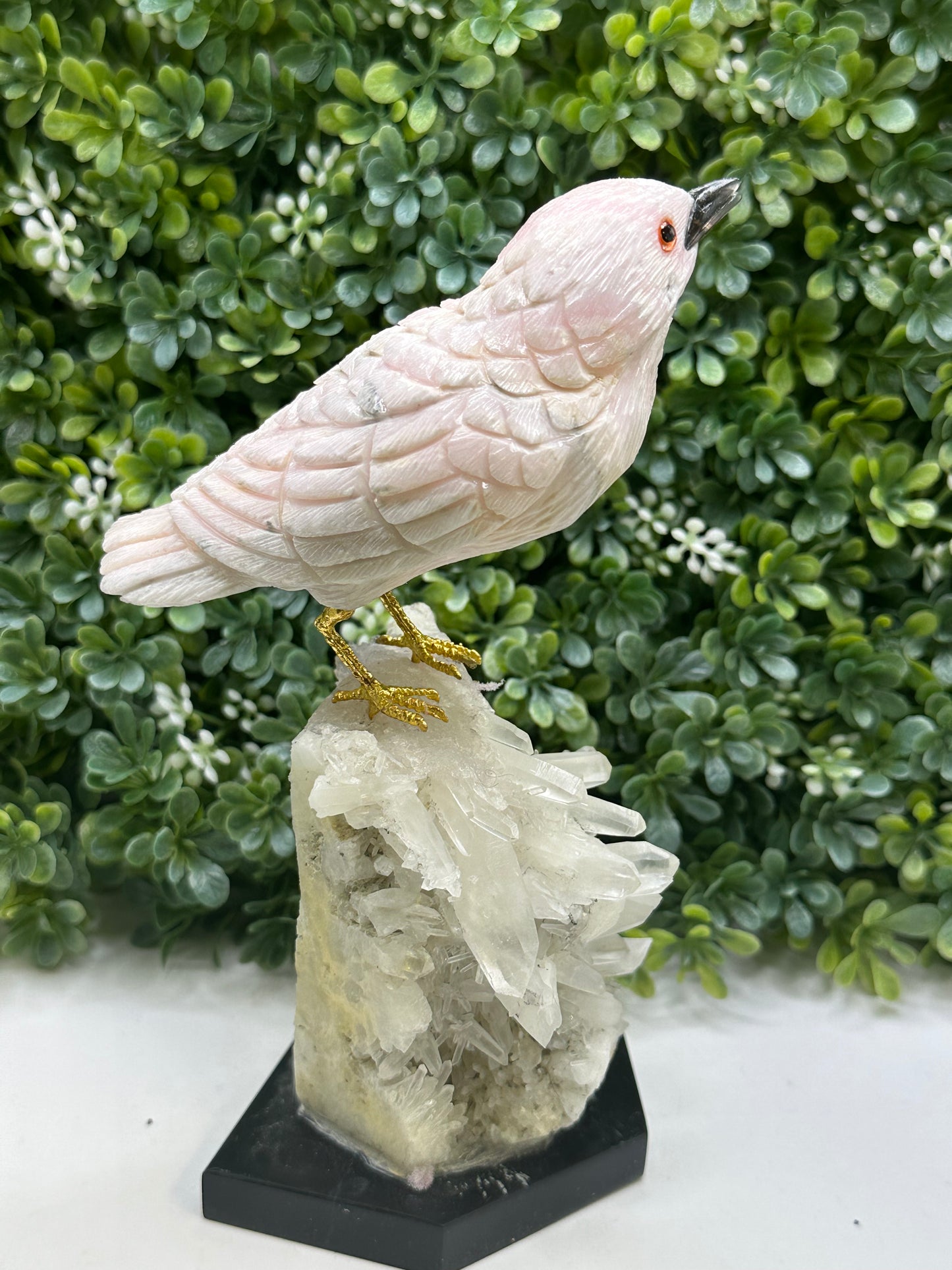 Pink Mangano Calcite Crystal Bird Hand Carved on a Quartz Base, Home Decor