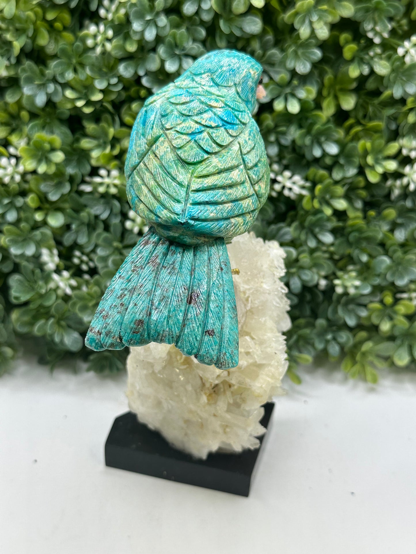 Chrysocolla Hand Carved Crystal Bird on Quartz Base, Home Decor