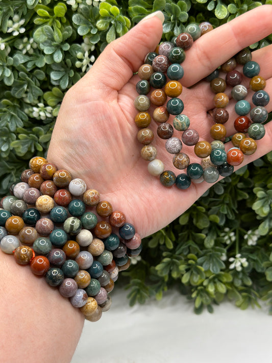 Multi color jasper 8mm crystal beaded bracelet