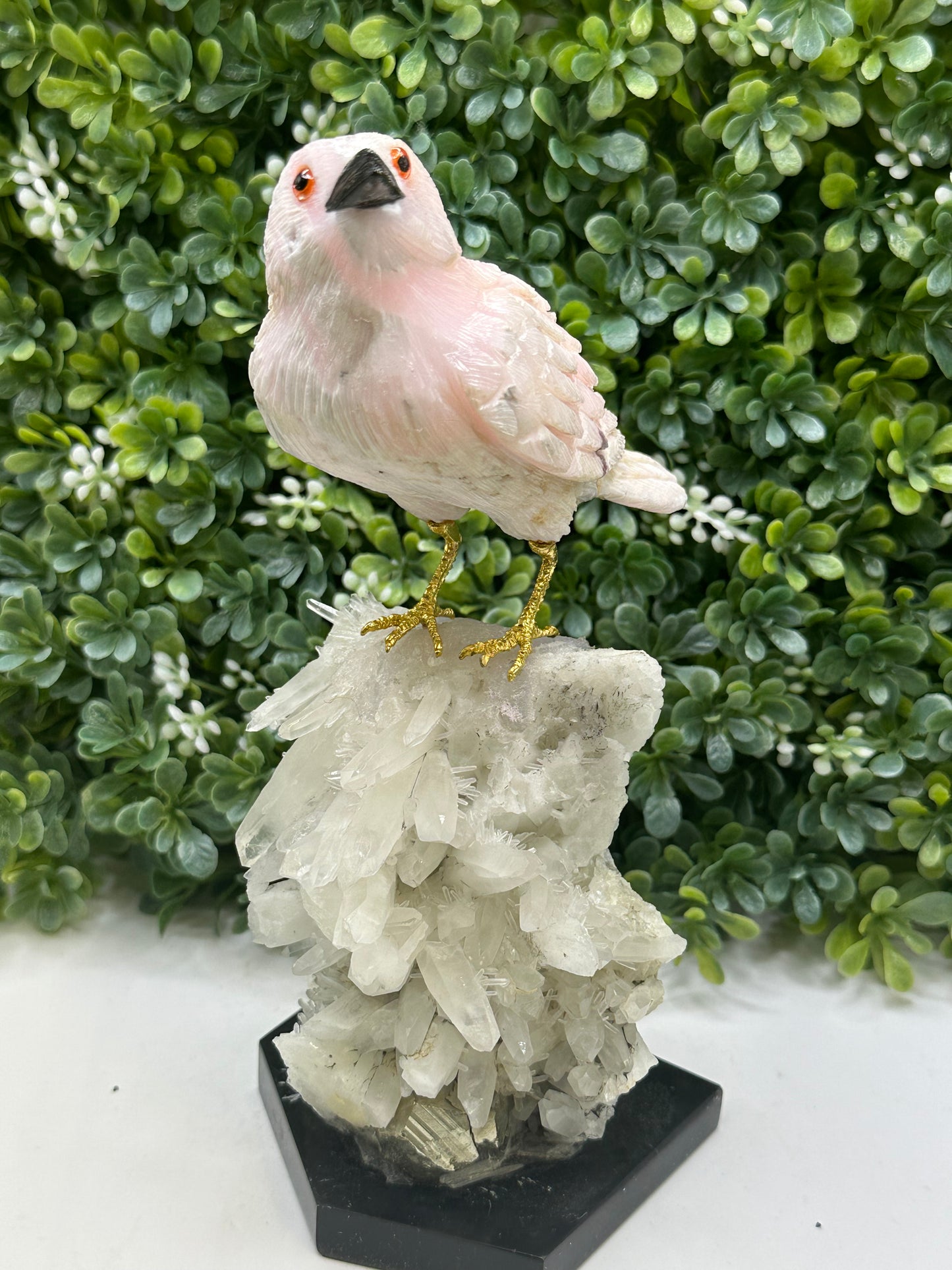Pink Mangano Calcite Crystal Bird Hand Carved on a Quartz Base, Home Decor