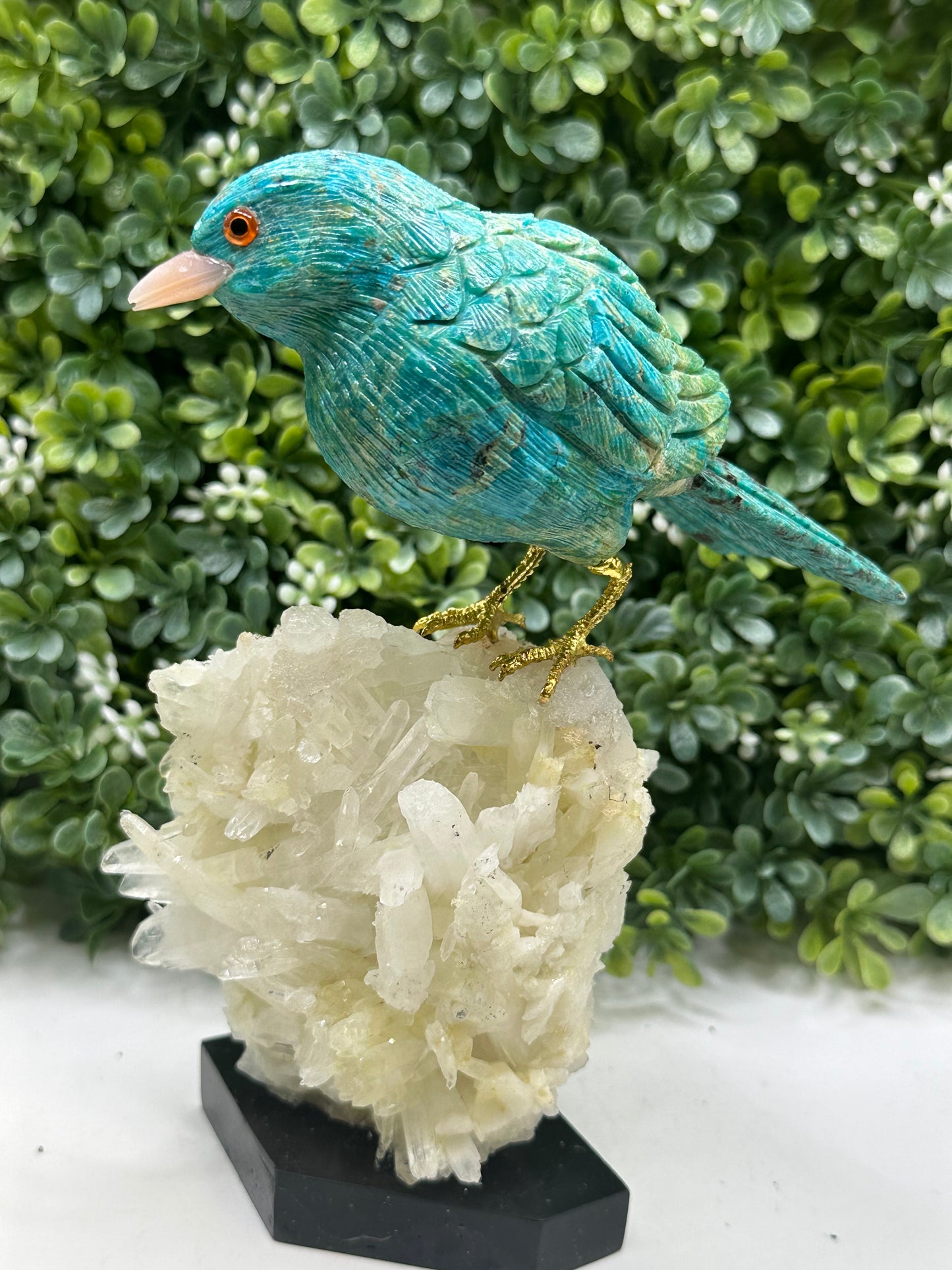 Chrysocolla Hand Carved Crystal Bird on Quartz Base, Home Decor