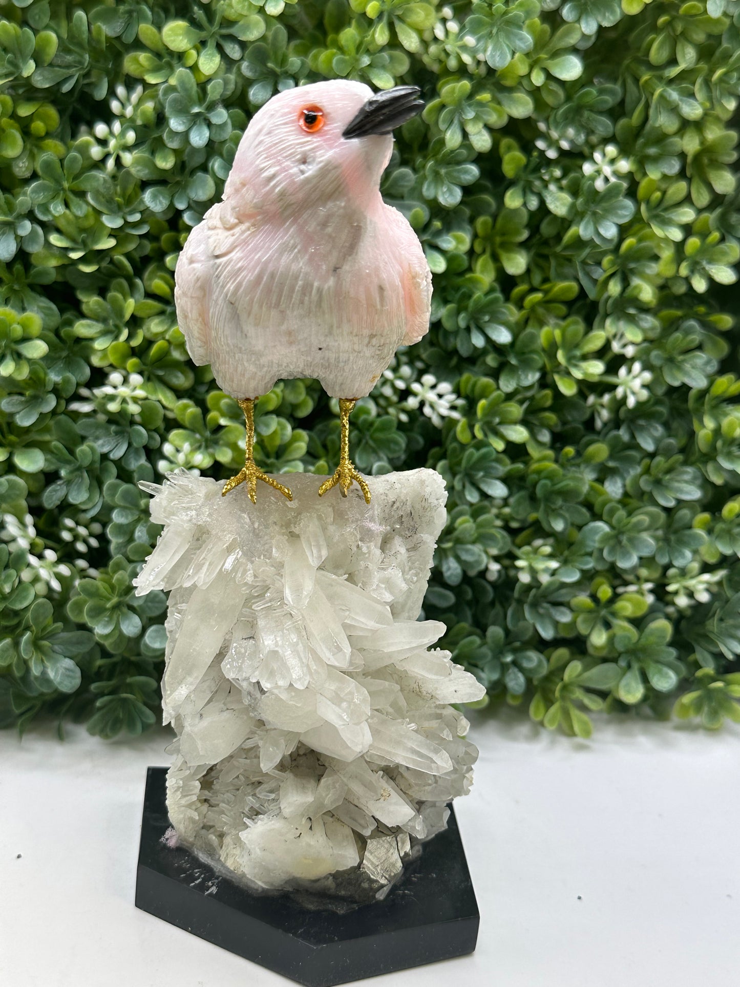 Pink Mangano Calcite Crystal Bird Hand Carved on a Quartz Base, Home Decor