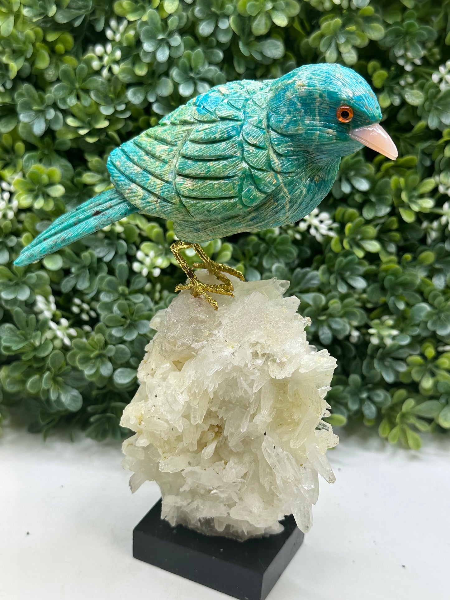 Chrysocolla Hand Carved Crystal Bird on Quartz Base, Home Decor