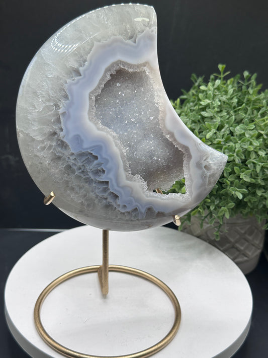 Druzy Agate Quartz Moon on Stand [Brazil]