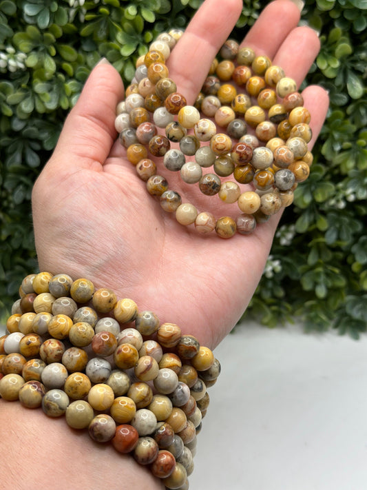Crazy Lace Agate 8mm crystal beaded bracelet