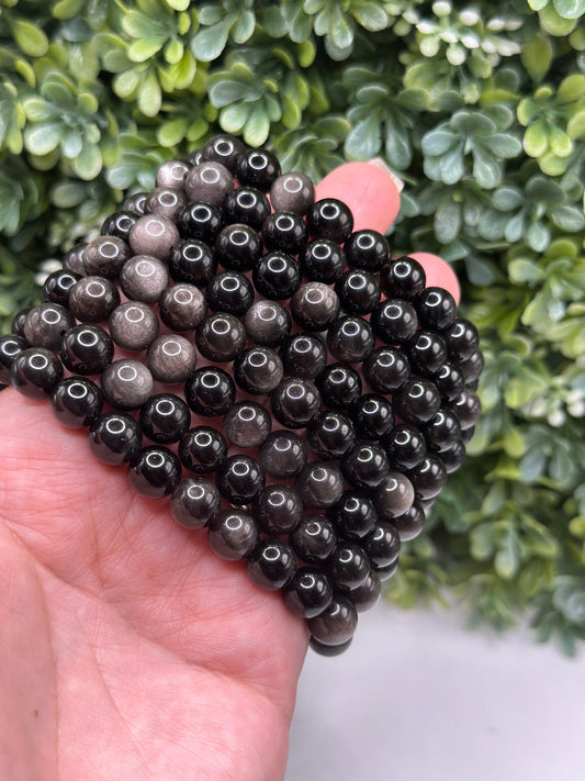 Silver Sheen Obsidian 8mm crystal beaded bracelet