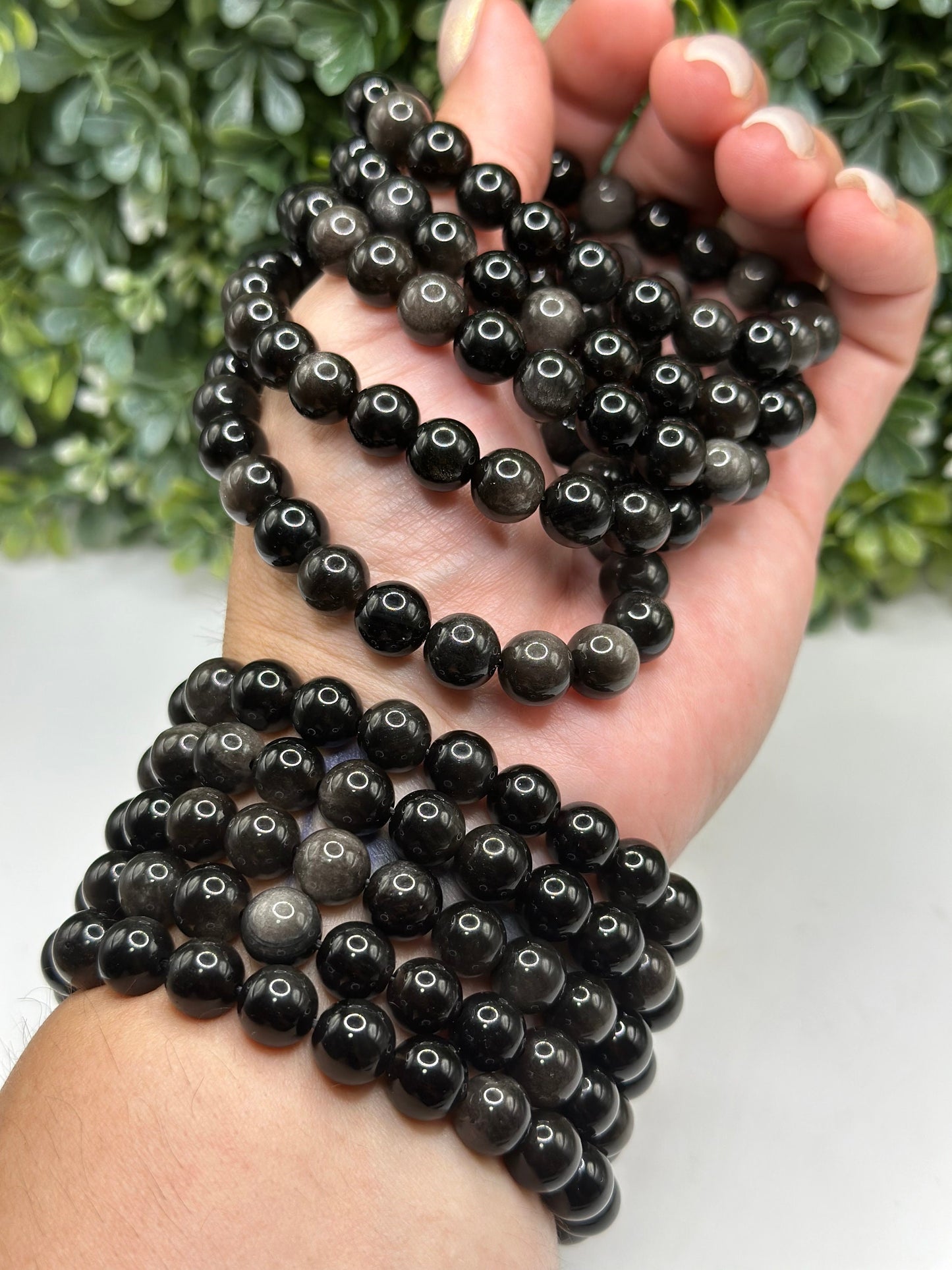 Silver Sheen Obsidian 8mm crystal beaded bracelet
