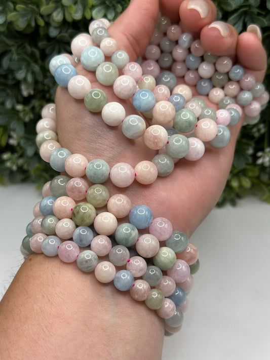 Morganite, Aquamarine, and Heliodor 8mm crystal beaded Bracelet