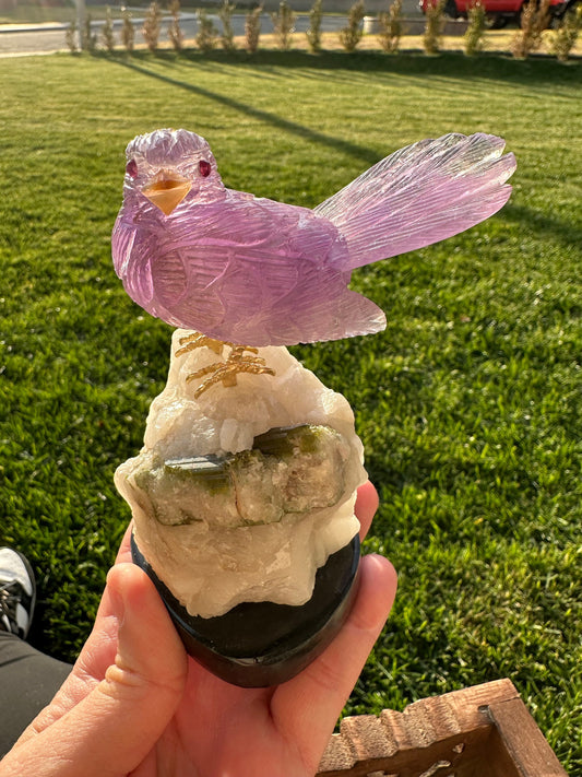 Hand-Carved Amethyst Bird on Quartz with Green Tourmaline – Spiritual Crystal Art