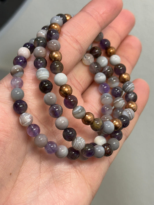 Botswana Agate and Amethyst Crystal bracelet 6.4mm bead