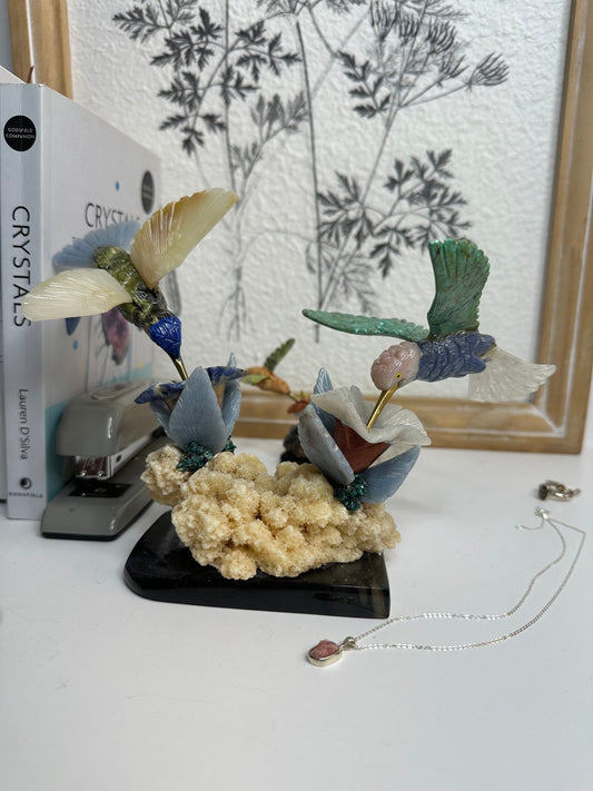 Humming bird Crystal statues on a natural crystal base double stand hand carved home decor office decor