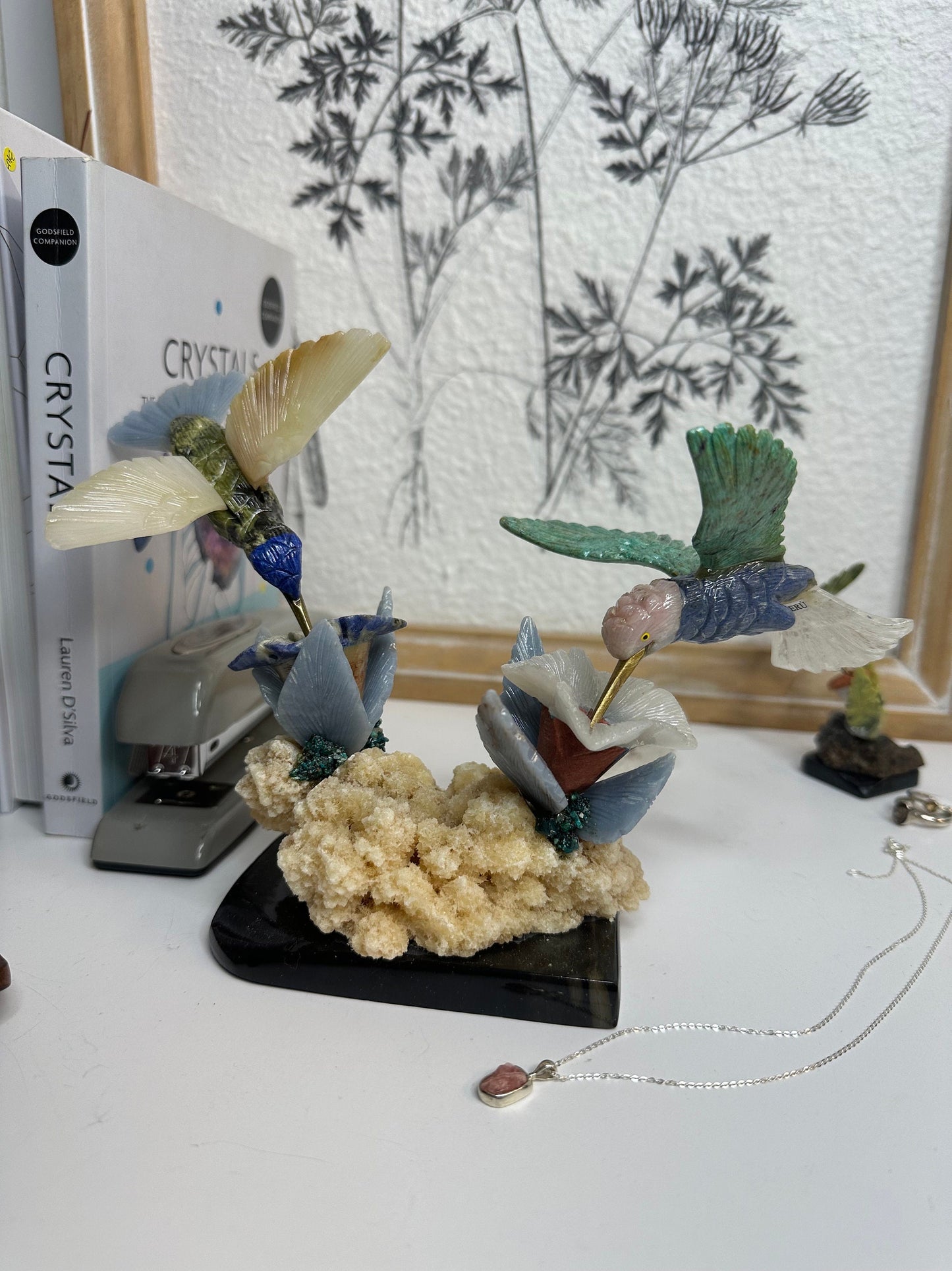 Humming bird Crystal statues on a natural crystal base double stand hand carved home decor office decor