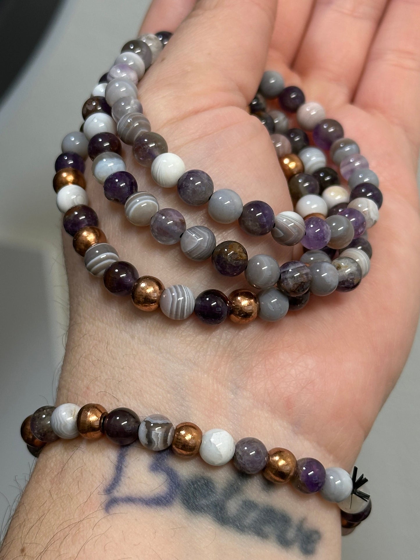 Botswana Agate and Amethyst Crystal bracelet 6.4mm bead