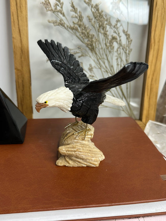 Hand-Carved Black and White Onyx Eagle – From Peru/Unique Home & Office Decor/ Gemstone Gift Idea