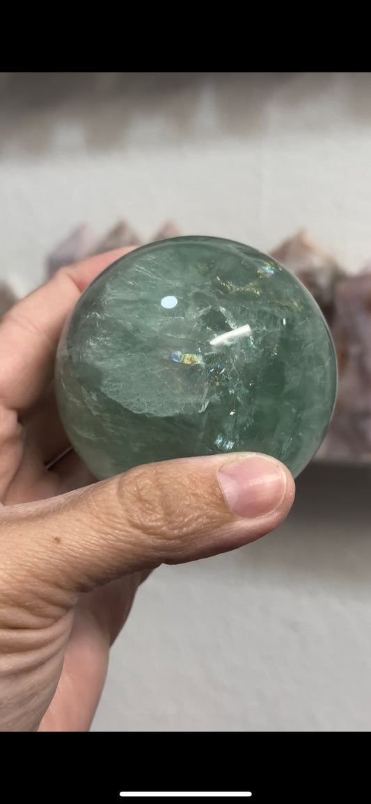 Green Fluorite Crystal Sphere with Rainbows