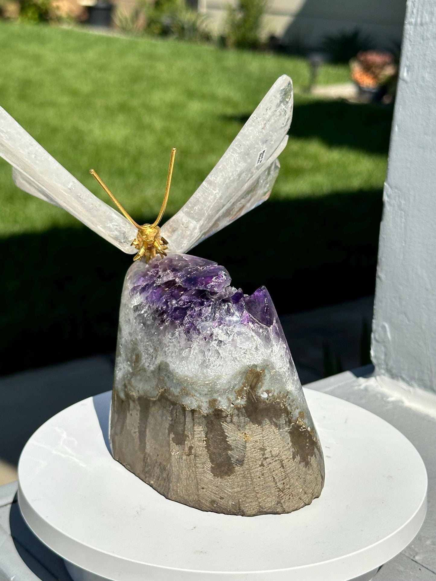 Brazilian Amethyst Geode & Clear Quartz Butterfly – Unique Crystal Decor
