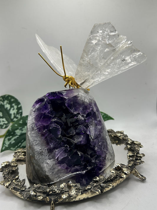 Brazilian Amethyst Geode & Clear Quartz Butterfly – Unique Crystal Decor