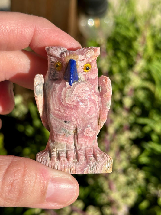 Rhodochrosite Owl Crystal Statue, Argentina, home decor, natural stone