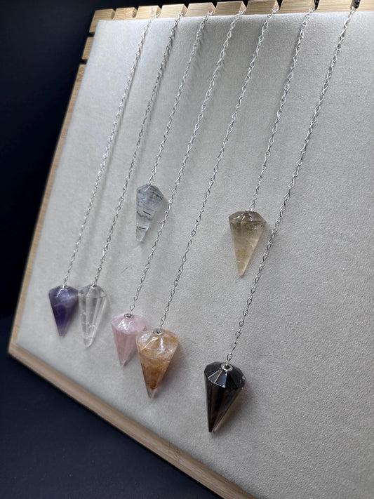 Crystal Pendulum, Healing Pendant, Silver Plated chain, Dowsing Pointed Pendulum Pendant