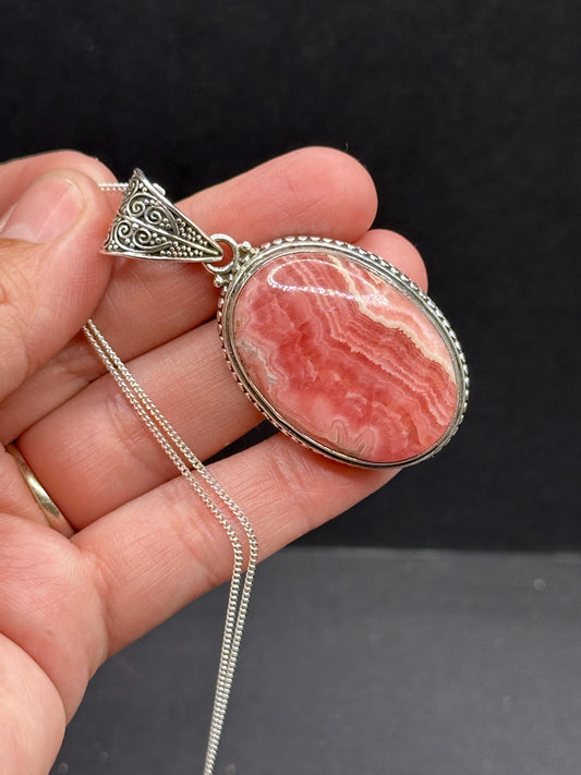 Rhodochrosite Crystal Pendant with 16in 925 silver chain
